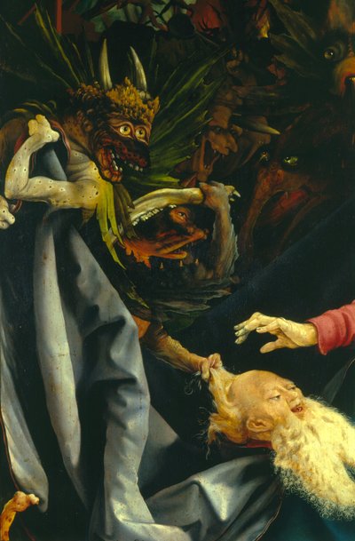 Demonen trekken aan het haar van St. Antonius, detail van de Verzoeking van St. Antonius van het Isenheim Altaarstuk door Matthias Grünewald
